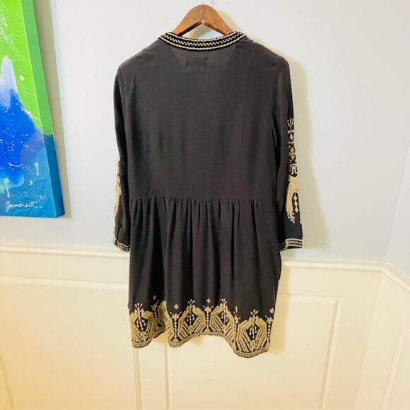 Johnny Was 100% Silk Embroidered Dress Black/Tan Himmel Boho Tunic Dress Medium - Picture 6 of 7